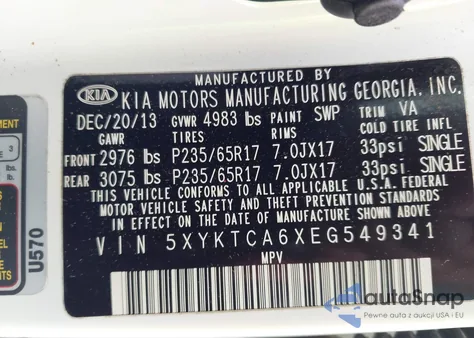 2014 Kia Sorento Lx из США, поврежденный, VIN 5XYKTCA6XEG549341